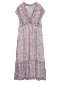Blumenkleid in Midi-Länge mit tiefem V-Ausschnitt, kurzen Rüschensäumen und schichtigem Saum. Besitzt ein florales Muster in Pink, Blau und Grün auf leichtem Stoff.