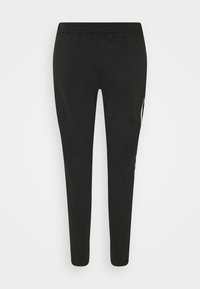 Pantalones deportivos negros con un diseño ajustado, cinturilla elástica y acentos laterales con un patrón blanco en contraste. Textura suave.