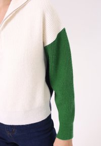 Suéter de punto con diseño de medio cierre, con un cuerpo crema, mangas acanaladas verdes y oscuros acentos en el dobladillo. Textura suave en toda la prenda.