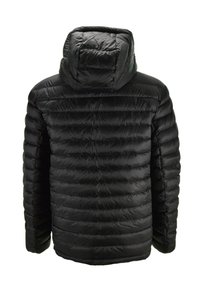 Zwarte donzen jas met capuchon, voorzien van een doorgestikt ontwerp, glanzende textuur en lange mouwen. Soepele stof met een strakke silhouet.