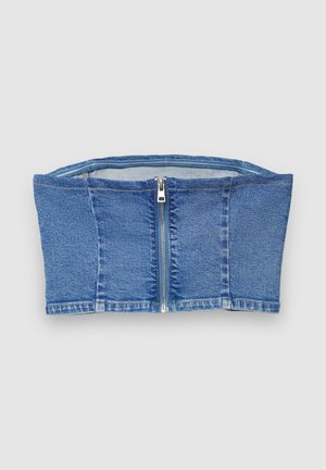 Jeans-Cropped-Top mit figurbetontem Schnitt, blaue Farbe, sichtbarem Reißverschluss vorne und sauberen Nähten. Ärmellos, glatte Textur.