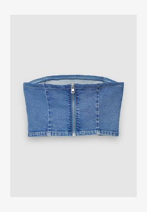 Jeans-Cropped-Top mit figurbetontem Schnitt, blaue Farbe, sichtbarem Reißverschluss vorne und sauberen Nähten. Ärmellos, glatte Textur.