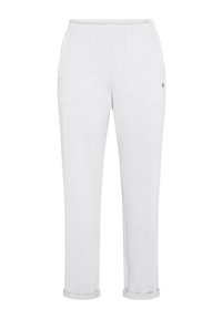 Pantalones blancos ligeros con un acabado texturizado. Presenta dos bolsillos laterales y puños enrollados. Diseño simple de pierna recta.