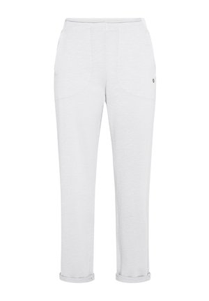 Pantalones blancos ligeros con un acabado texturizado. Presenta dos bolsillos laterales y puños enrollados. Diseño simple de pierna recta.