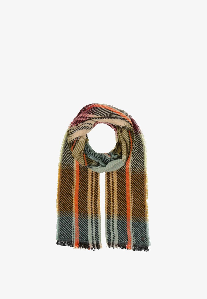 Daugiaspalvis languotas šalikas turi žalias, oranžines ir rudas juostas, su nusmauktais kraštais ir minkšta tekstūra. Jis sukamas eksponavimui.