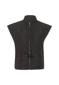 Schwarze gesteppte Weste mit hohem Kragen, Frontreißverschluss und Bindeband in der Taille. Verfügt über ein rautenförmiges Muster und ärmelloses Design.