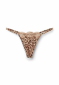Leopard-print thong with lace trim. Soft, stretch fabric in tan and brown tones. Adjustable straps and minimal coverage design.