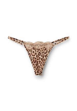 Leopard-print thong with lace trim. Soft, stretch fabric in tan and brown tones. Adjustable straps and minimal coverage design.