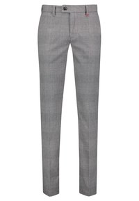 Šedé kostkované kalhoty s úzkým střihem, s hladkým předním dílem, poutky na opasek a jedním knoflíkem na zapínání. Vyrobeno z hladké látky.
