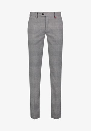 Grijze geruite broek met een aansluitende pasvorm, voorzien van een platte voorkant, ceintuurlussen en een enkele knoopsluiting. Gemaakt van een gladde stof.