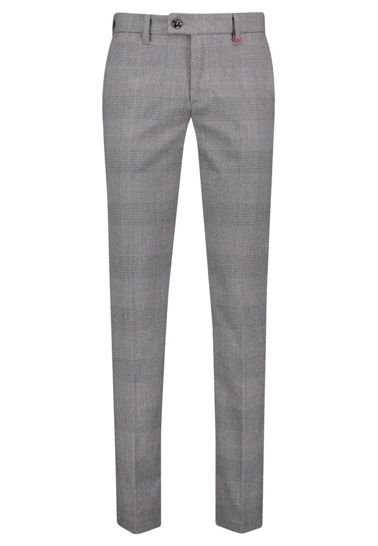 Šedé kostkované kalhoty s úzkým střihem, s hladkým předním dílem, poutky na opasek a jedním knoflíkem na zapínání. Vyrobeno z hladké látky.