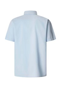 Chemise bleu clair à manches courtes avec un col classique, vue de dos sur fond blanc.