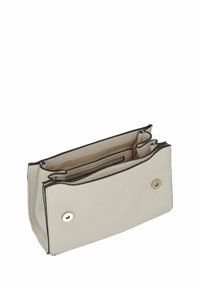 Borsa a tracolla in crema testurizzata con profili neri. Contiene due scomparti e chiusure a scatto in metallo argentato. L'interno presenta una fodera beige.