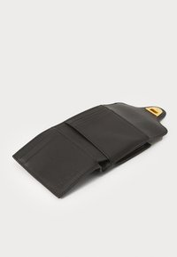 Black leather wallet with multiple card slots, smooth texture, and a gold hardware accent. Folded design for compact storage.