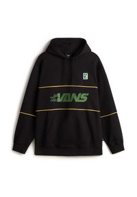 Svart huvtröja med känguruficka, grön "VANS"-logotyp och gul rand över bröstet. Har dragsnodd i huvan och ribbade ärmslut.