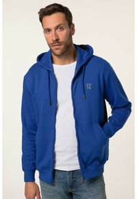 Felpa blu con zip, cappuccio regolabile, tasche frontali e un piccolo logo dorato sul petto. Il tessuto sembra morbido e liscio.