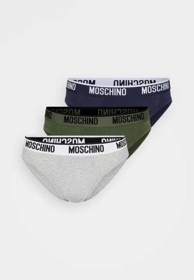 Three pairs of men's briefs in gray, navy, and olive green. Each features a black elastic waistband with "MOSCHINO" in white lettering.