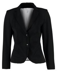 Blazer noir cintré pour femme avec manches longues, deux boutons devant et col cranté, présenté sur fond blanc.