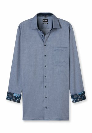 Helles blaues Langarmhemd aus strukturiertem Stoff, schwarze Knöpfe, eine Brusttasche und marineblaue Manschetten mit Blumenmuster.
