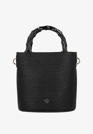 Black handbag with a textured surface, featuring a unique bamboo handle and gold hardware accents. Square shape with a structured design.