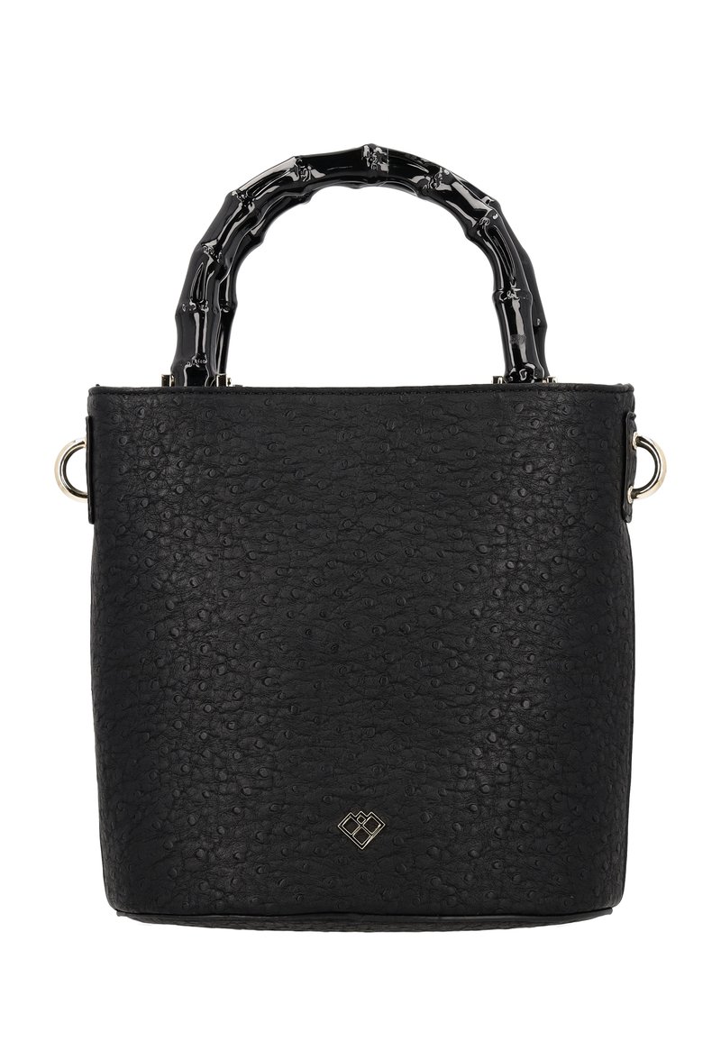 Borsa nera con superficie testurizzata, caratterizzata da un manico unico in bambù e dettagli in oro. Forma quadrata con design strutturato.