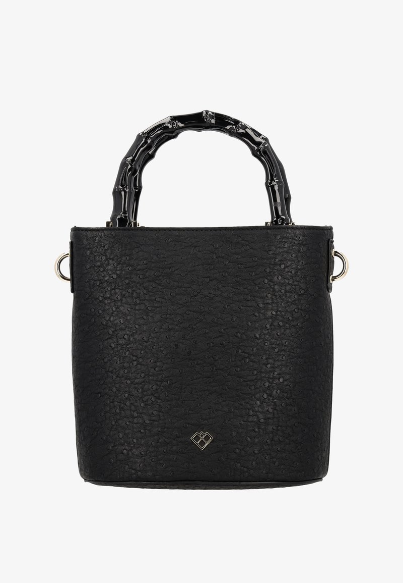 Schwarze Handtasche mit strukturiertem Oberflächenmaterial, ausgestattet mit einem einzigartigen Bambusgriff und goldenen Hardware-Details. Quadratische Form mit einem strukturierten Design.