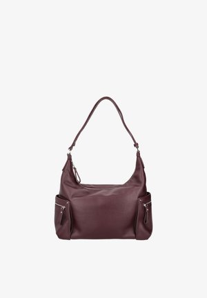 Borsa a tracolla in pelle color mogano, design curvo, con due tasche laterali con cerniere, texture liscia, tracolla regolabile.