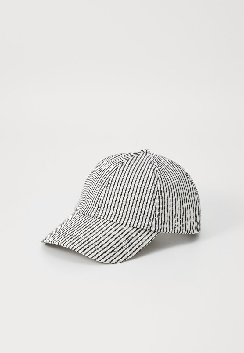 Black and white striped cap with a curved brim, structured panels, and a white logo on the side. Made of fabric with a textured finish.