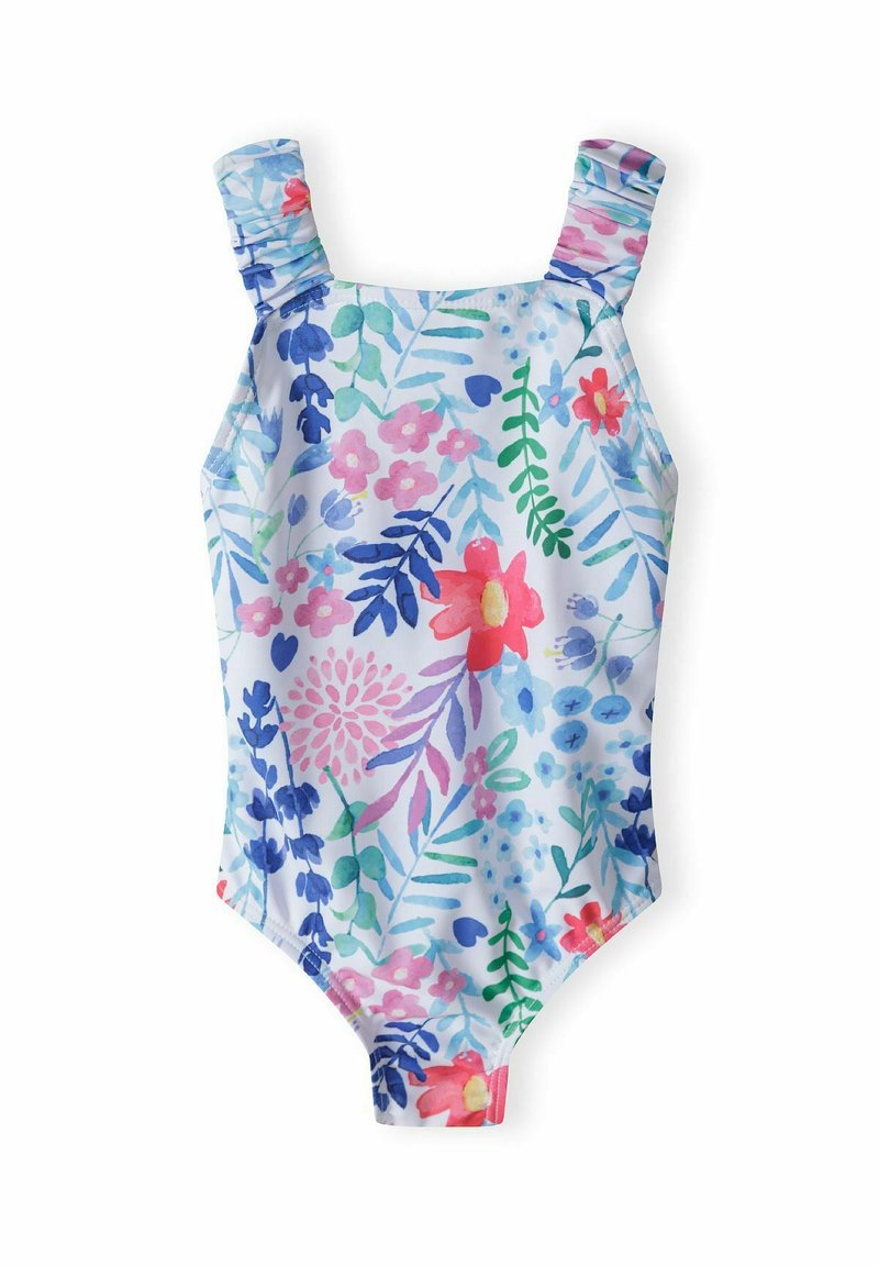 Blomstret heldragt badedragt i lyseblå, med pink, rød og grønne blomster mønstre. Har flæser på skulderstropperne og en blød tekstur.