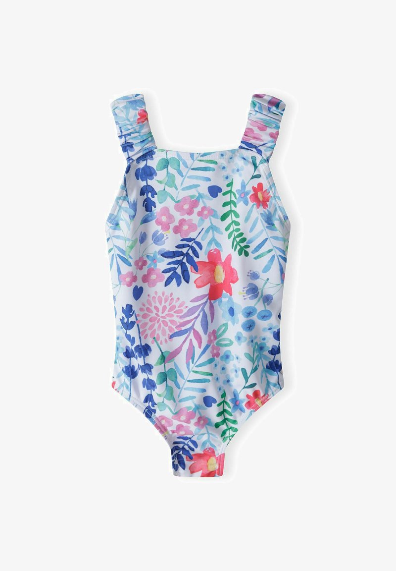 Floral one-piece swimsuit in light blue, featuring pink, red, and green floral patterns. Has ruffled shoulder straps and a soft texture.