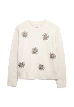 Lichtbeige trui met een ronde halslijn en lange mouwen, versierd met zilveren sterburst-details door het hele ontwerp. Zachte textuur.