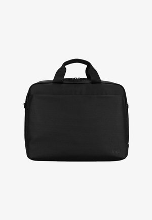 Schwarze rechteckige Laptoptasche mit Doppelgriffen und einer vorderen Reißverschlusstasche auf weißem Hintergrund.