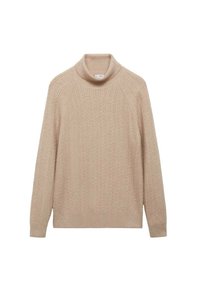 Pull en maille beige avec un col roulé haut, doté d'un motif en câble, de manches longues et d'un bord côtelé au col et à l'ourlet.