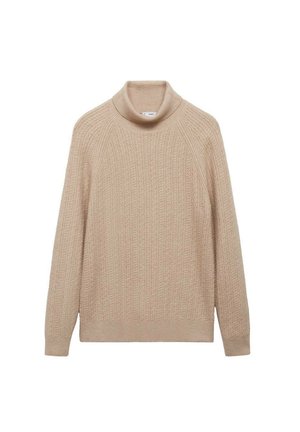 Beige gestrickter Pullover mit hohem Rollkragen, der ein Zopfmuster, lange Ärmel und Rippstrickbündchen am Kragen und Saum aufweist.