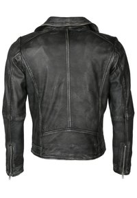 Schwarze Lederjacke mit klassischem Kragen, taillierter Passform und Reißverschlusstaschen an den Bündchen. Glatte Textur mit dezentem Glanz.