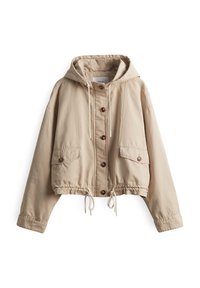Giacca croppata beige realizzata in tessuto leggero, con cappuccio, chiusura a bottoni, orlo regolabile con cordoncino e due tasche frontali con bottoni.