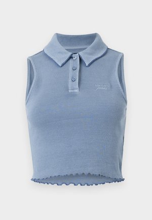 Light blue sleeveless polo top with a ribbed texture, featuring a collared neck and three front buttons, with scalloped hem and logo detail.