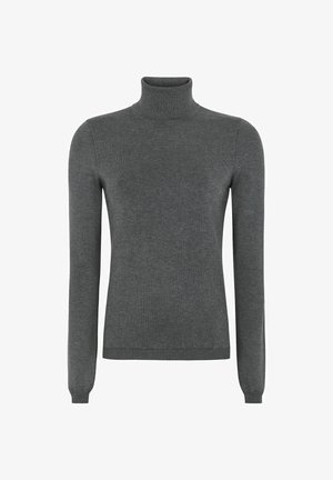 Maglione grigio a collo alto realizzato in tessuto morbido, con maniche lunghe, silhouette aderente e dettagli a coste al collo e all'orlo.