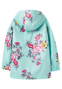 Lyseblå regnjakke med et blomstermønster i pink, gul og grå blomster. Inkluderer en hætte og elastiske manchetter for en tætsiddende pasform.