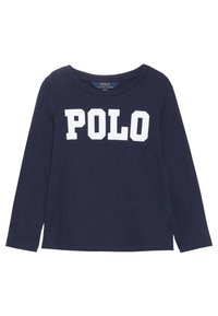 Navy long-sleeve T-shirt made of cotton, featuring a white "POLO" graphic on the front. Round neckline and regular fit design.