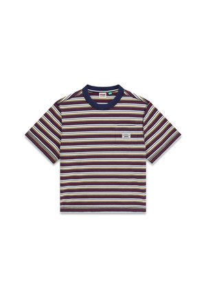 Krótki rękaw, koszulka w paski z poziomymi liniami w kolorach bordo, żółtym i niebieskim. Żebrowany granatowy kołnierz i mała kieszonka z przodu.