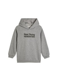 Sudadera con capucha gris y mangas largas. Cuenta con el texto bordado en verde oscuro "Nueva JOVEN GENERACIÓN" en la parte frontal. Material de mezcla de algodón.