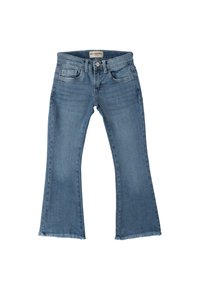 Vaqueros de mezclilla azul de corte acampanado con un dobladillo sin acabado, diseño de cinco bolsillos y cierre de botón. Lavado claro con un leve desvanecimiento y textura suave.