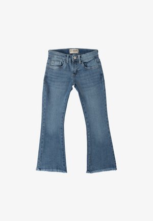 Jeans flared in denim blu con orlo grezzo, design a cinque tasche e chiusura a bottoni. Lavaggio chiaro con una leggera sfumatura e una texture liscia.