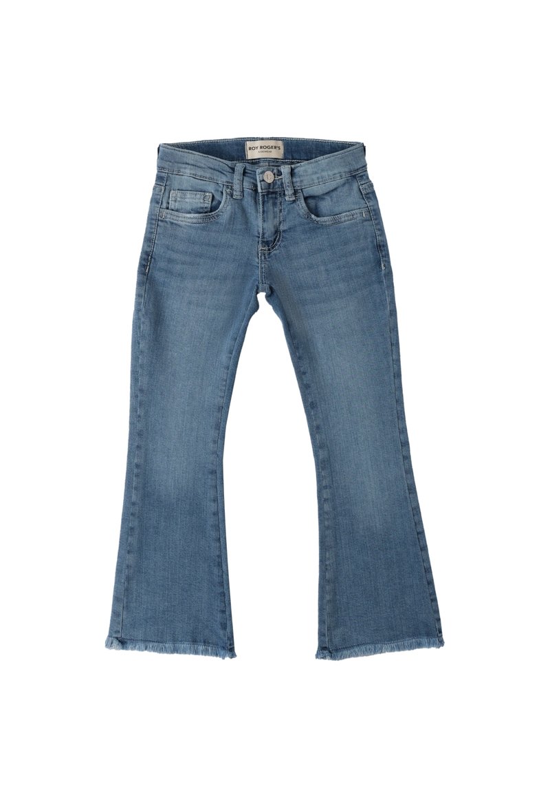 Vaqueros de mezclilla azul de corte acampanado con un dobladillo sin acabado, diseño de cinco bolsillos y cierre de botón. Lavado claro con un leve desvanecimiento y textura suave.