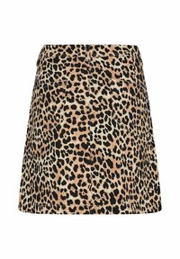 Hame leopard-tulosteella vaaleanbeigellä ja mustalla. Siinä on vetskari, kaksi takataskua ja muotoiltu istuvuus suoran helman kanssa.