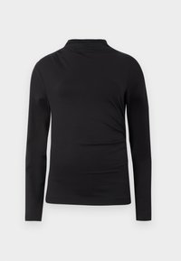 Svart langermet genser med ståkrage, slim fit og glatt stoff mot en enkel hvit bakgrunn.