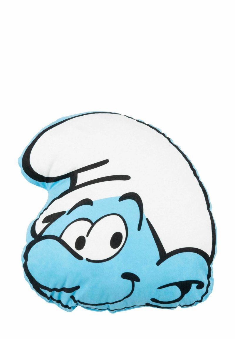 Cuscino a forma di personaggio dei cartoni animati blu realizzato in tessuto morbido e peloso. Presenta grandi occhi, un cappello bianco e dettagli di contorno neri. Design rotondo.