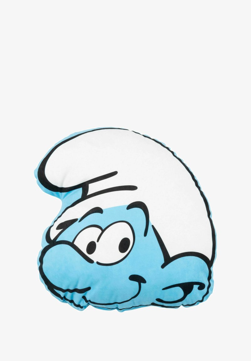 Cuscino a forma di personaggio dei cartoni animati blu realizzato in tessuto morbido e peloso. Presenta grandi occhi, un cappello bianco e dettagli di contorno neri. Design rotondo.