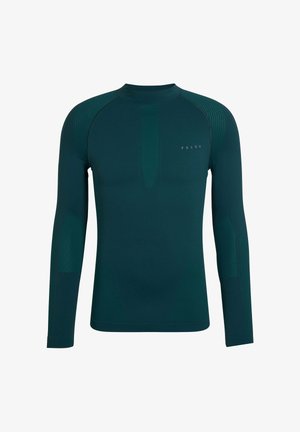 Długi rękaw sportowej koszulki w ciemnym morskim kolorze, wykonanej z elastycznego materiału. Posiada fakturowane detale na ramionach oraz okrągły dekolt.